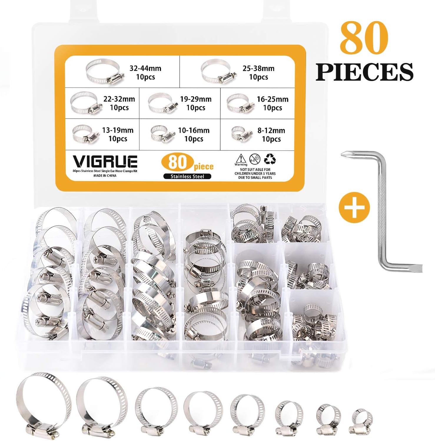 Hose Clamps, 304 Stainless Steel Adjustable 8-44mm Range Worm Gear Hose Clamp 80 Pieces, Fuel Line Clamp for Plumbing, Automotive And Mechanical Applications
