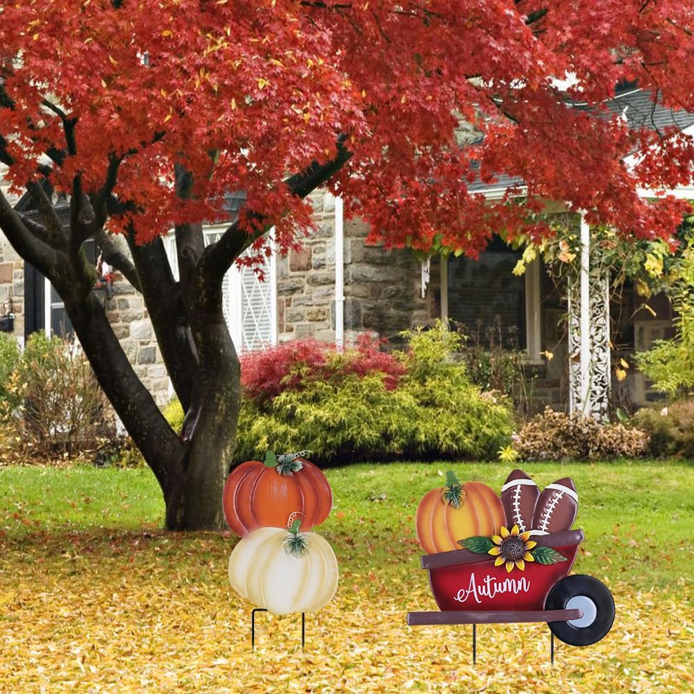 YEAHOME Fall Decorations Outdoor, Stacked Pumpkin Football Wheelbarrow Decorative Garden Stakes, Autumn Metal Cart Yard Signs for Home Outside Garden Lawn Porch Decor, Thanksgiving Decorations