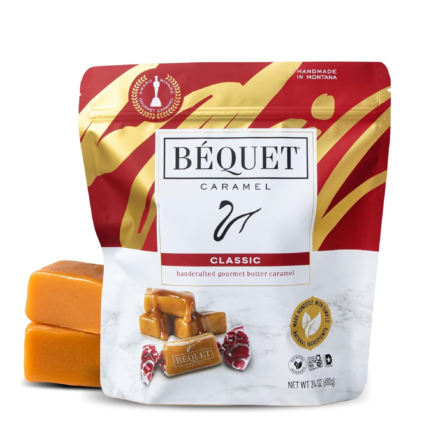 Béquet Classic Caramels: Soft Chewy Gourmet Candy, Gluten-Free Kosher, Individually Wrapped 24oz Resealable Pouch