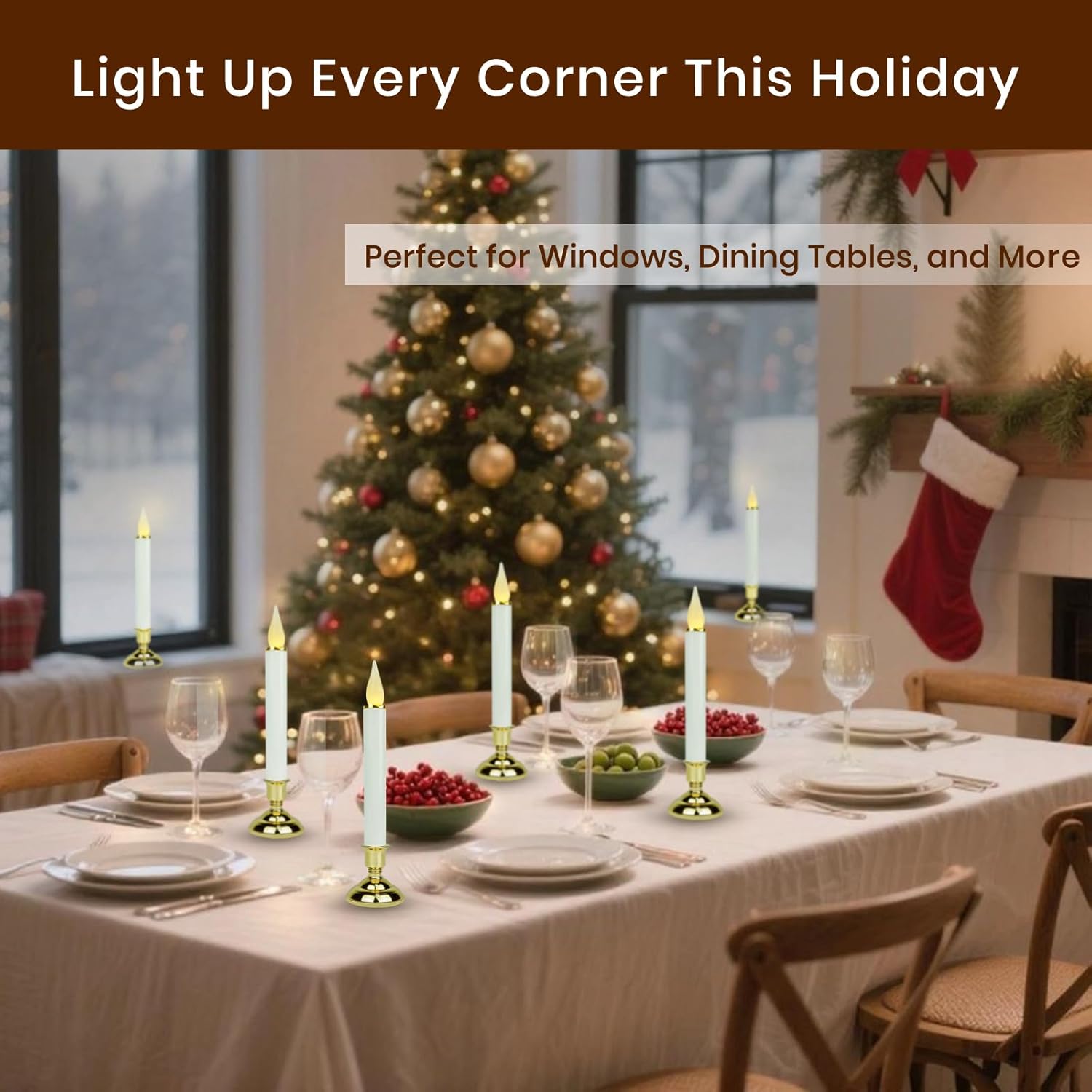 Easter Window Candles 6-Pack 9.7" Ivory LED Flameless Taper Candles with Gold Base Battery Operated with Timer Warm White Light Safe Holiday & Easter Window Decor for Home Mantel Table