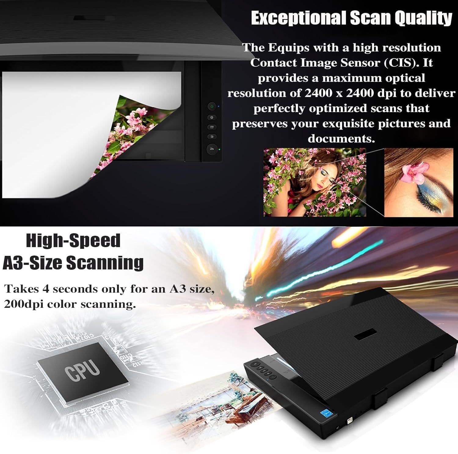 Scanner piano di grande formato ad alta velocità, scanner fotografico ad alta definizione da 2400 DPI, scansione di 12" x 17" in 4 secondi, for ufficio e istruzione, supporta Windows e iOS.