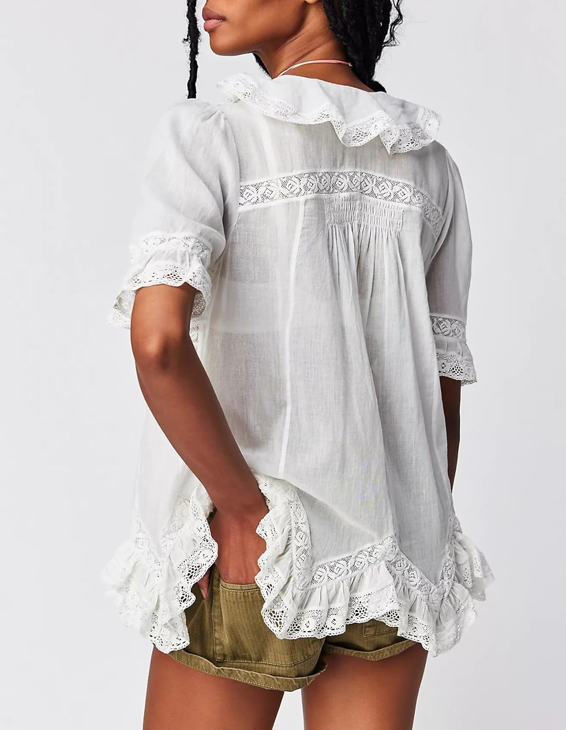 Women’s Tie Front Ruffle Boho Tops Flowy Sheer Short Sleeve Lace Blouse Y2k Embroidered Babydoll Button Down Shirts - Image 2