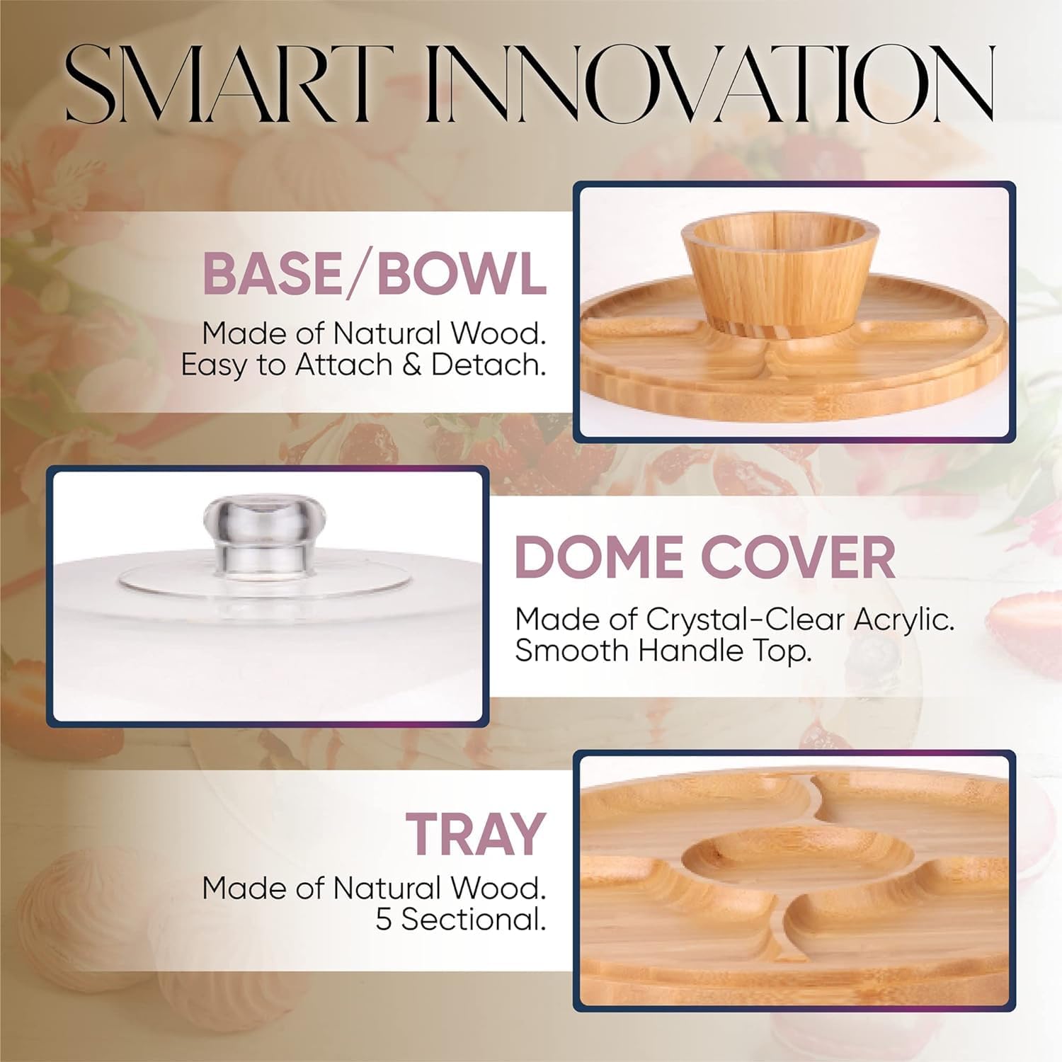 Bamboo Cake Stand with Dome Multi Function 6 in 1 Cake Holder Serving Platter, (30cm) Round Veggie Stand and Salad Bowl, Decorative Display Cake Stand with Lid