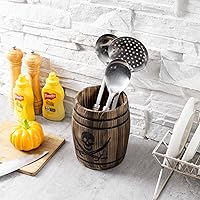 Vista 4 de MyGift Cántaro para Utensilios de Cocina Estilo Barril de Ron de Piratas de Madera Rústica Quemada, Soporte para Herramientas de Cocina