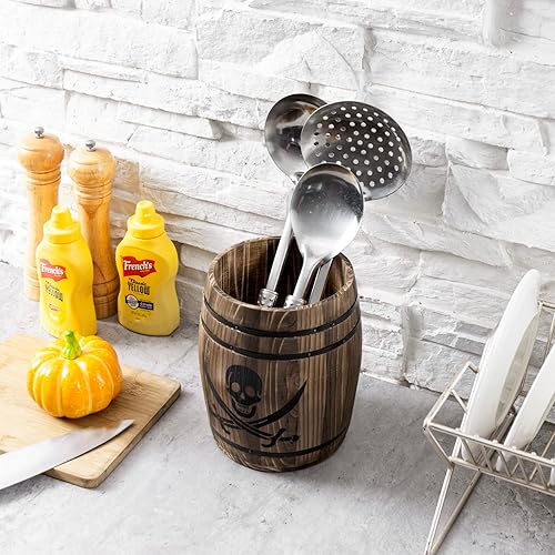 Miniatura 4 de MyGift Cántaro para Utensilios de Cocina Estilo Barril de Ron de Piratas de Madera Rústica Quemada, Soporte para Herramientas de Cocina Estilo