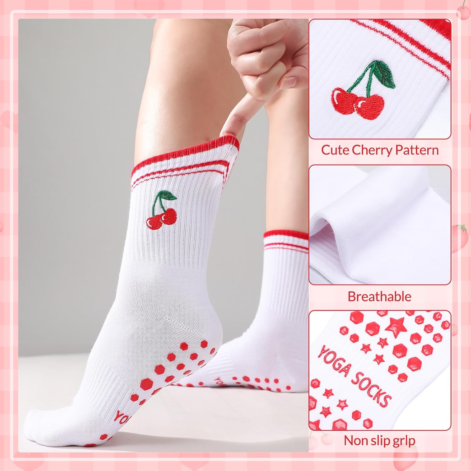 Pilates Grip Socks for Women, 6-Pack Embroidery Cute Non-Slip Yoga Socks, Grippy Barre Workout Socks for Ballet - Image 5