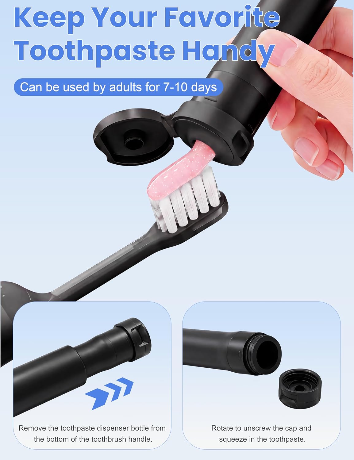 2Pcs Travel Size Toothbrushes Built-in Toothpaste Container, Black White image 3