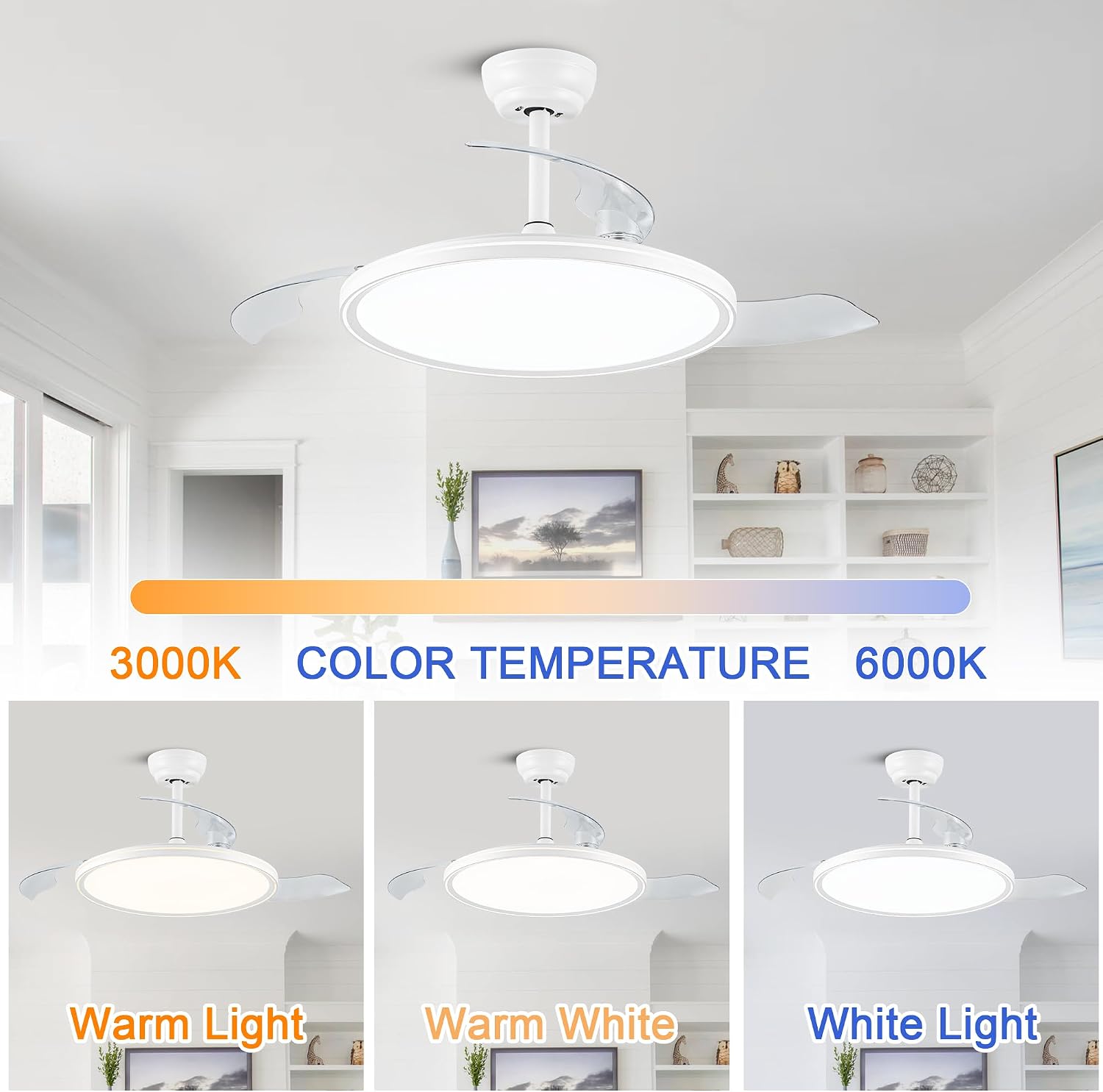 42" Retractable Ceiling Fan with Lights and Remote, Modern Fandelier Ceiling Fan Black Chandelier LED Light for Bedroom Living Room, 3CCT Dimmable Reversible 6 Speeds (Slim White, 42 Inch)