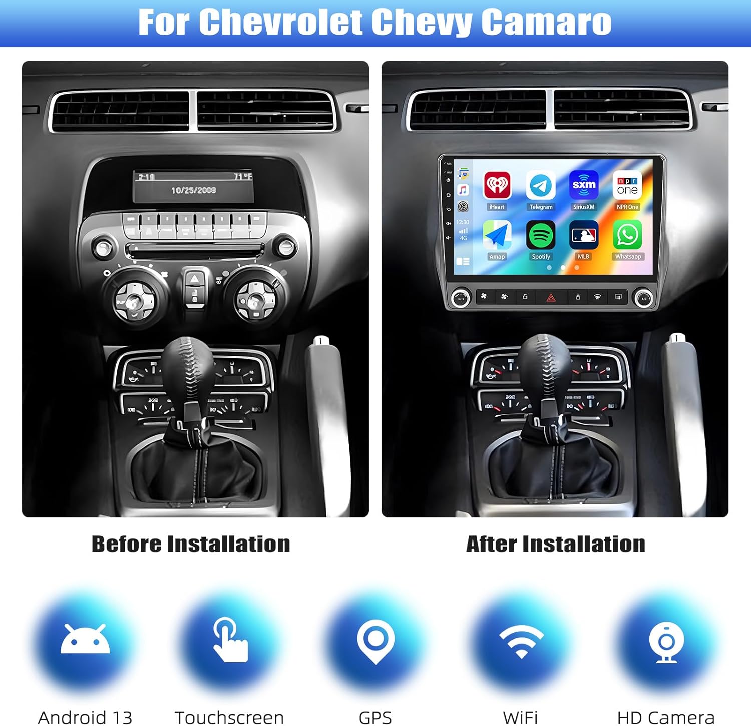 [4+64G]8-Core Android 13 Car Stereo for Chevrolet Chevy Camaro 2010-2015 with Wireless Carplay&Android Auto,9 Inch Car Radio with Mirror Link Bluetooth FM/RDS WiFi GPS Navigation SWC+AHD Backup Camera