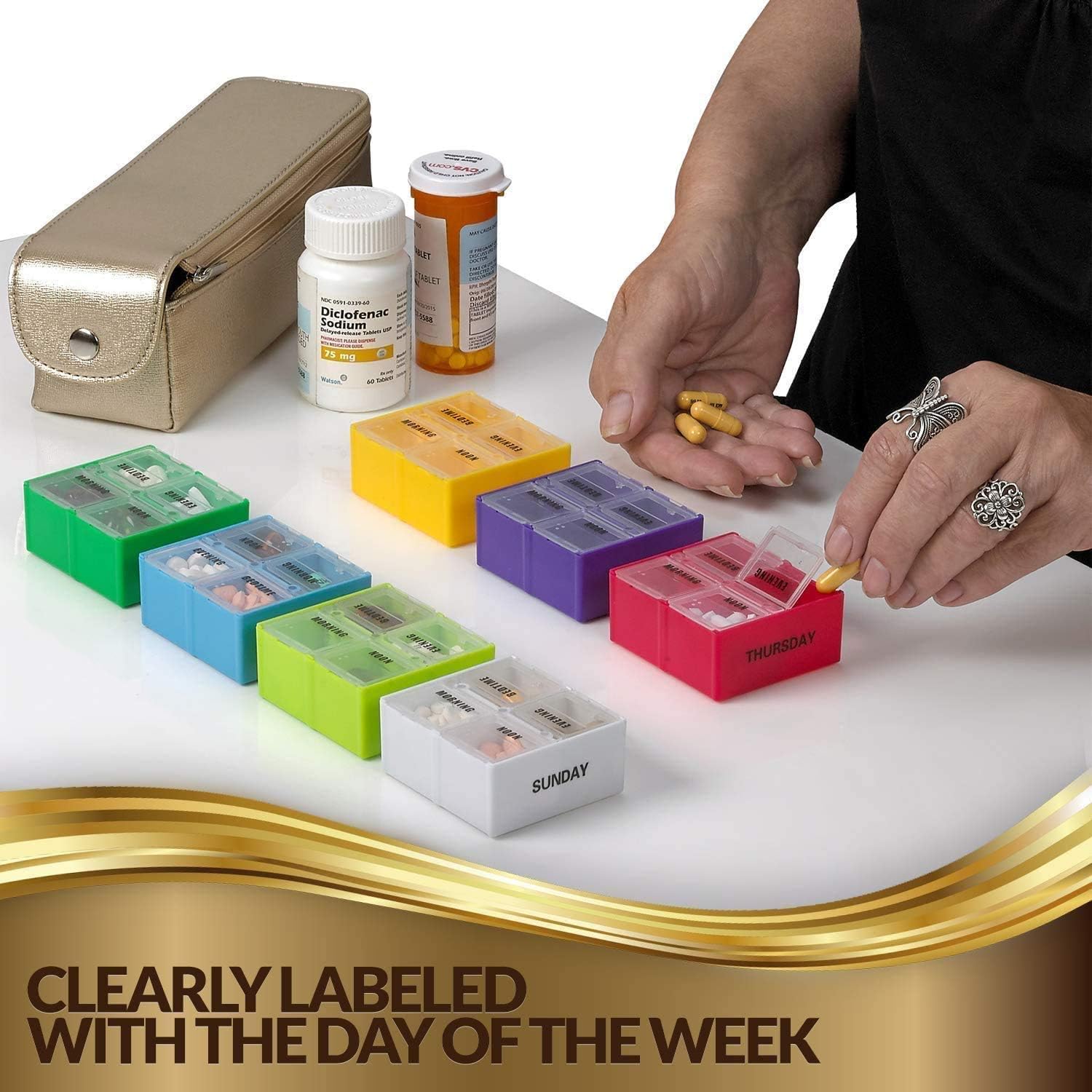 2 Pack, Large Weekly Pill Organizer Boxes in Gold Leather Case - 7 Day Week Pill Planner Organizers & Medication Reminder with 4 Times a Day - Daily Compartments That is Ideal for Travel
