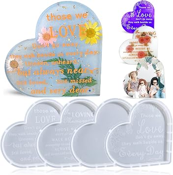 4 Pack Heart Resin Molds - Silicone Casting Molds for Memorial Signs, Sympathy Gifts & Home Decor