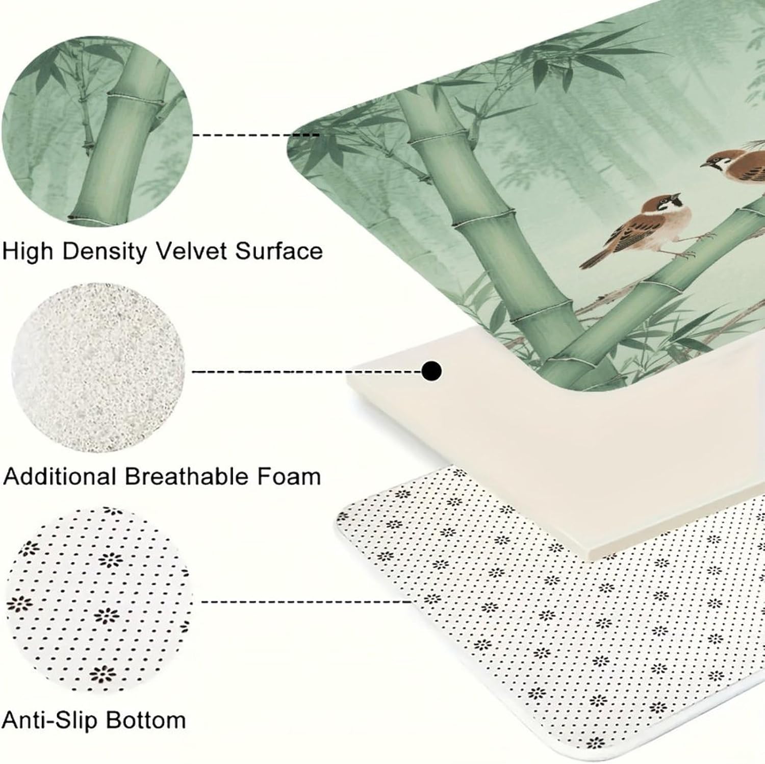 Brown Birds on Bamboo Kitchen Mat Set of 2 Ergonomic Comfort Velvet Rugs Cushioned Anti-Fatigue Non-Slip Standing Mats Thick Kitchen Floor Mat Carpet Runner Rugs 16"×24"+17"×47"
