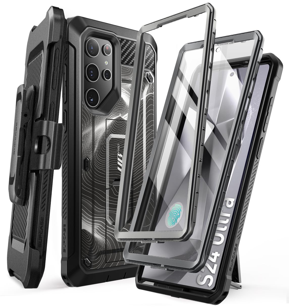 SUPCASE Unicorn Beetle Pro for Samsung Galaxy S24 Ultra Case with Stand, [2 Front Frame] 360 Full-Body Belt-Clip & Kickstand Case with Screen Protector Phone Case for S24 Ultra, BlackRipple