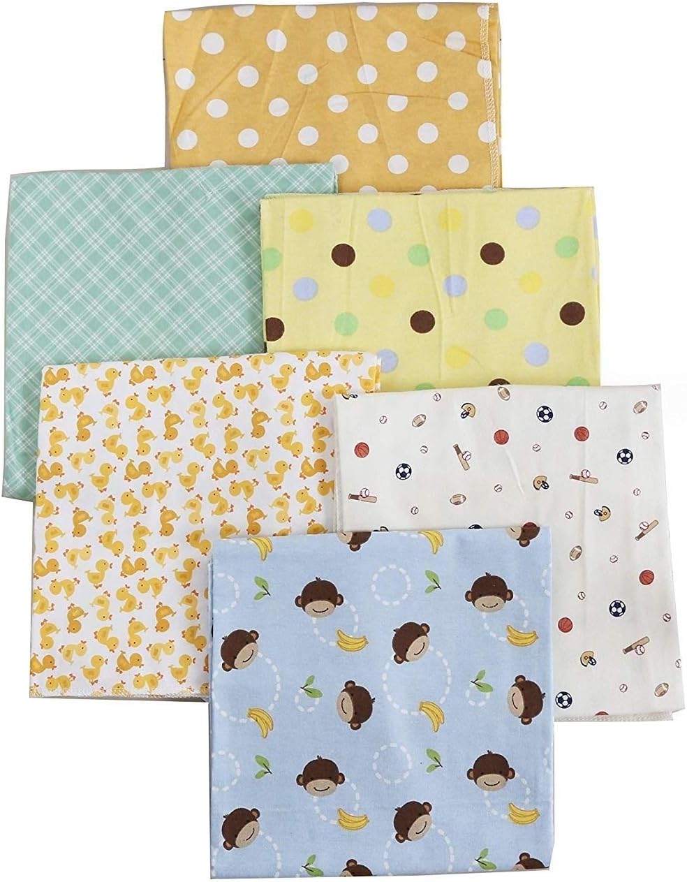 6-Pack Unisex Baby Cotton Flannel Receiving Blankets - N/a Blue Green Yellow Animal Print Neutral Animals Sports