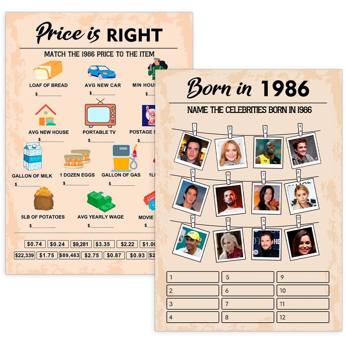 QUPT 40th Birthday Party Games, Set of 2 Activities for 15 Guests, Born in 1986 Games Bundle, Birthday Party Supplies for Adults, Pack of 30 Cards