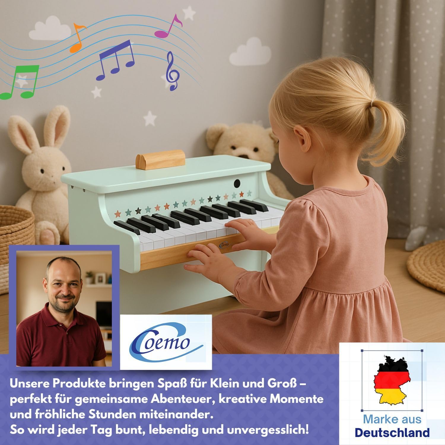Coemo Kinder-Klavier, 42x25x29 cm, 25 Tasten Piano für Kinder, Mädchen | Musik Lerninstrument Spielzeug, Motorikspielzeug, Holzklavier für Kleinkinder, Jungen Klavier, Zwei Varianten, saubere Töne