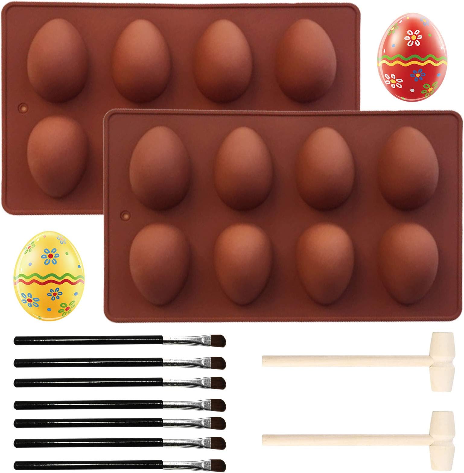 Easter Eggs Silicone Mold, 2Pcs 8-Cavity Chocolate Mold with 2 Wooden Hammers and 7 Cake Brushes for DIY Easter Cake Chocolate Baking