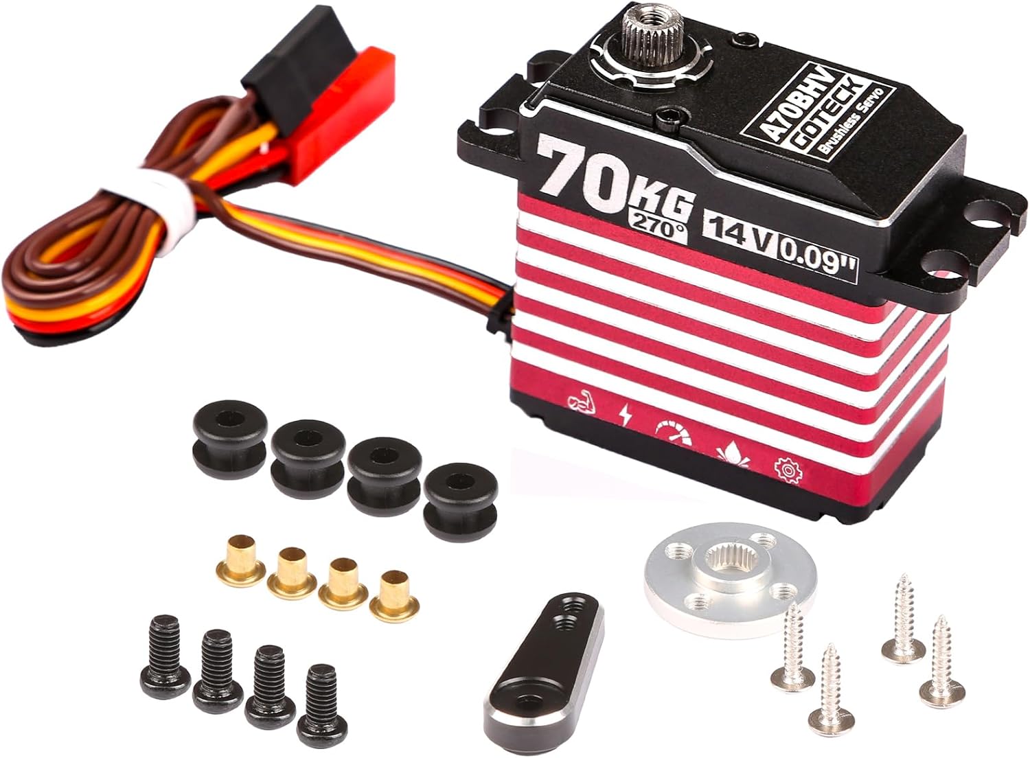 GOTECK 70KG Brushless Digital Servo,High Voltage 14V Full Metal Gear Waterproof Steering Servo with 25T Servo Horn for 1/8 1/10 Scale RC Cars,RC Crawler,Trucks,Boat,Robot Parts (A70BHV-270°)