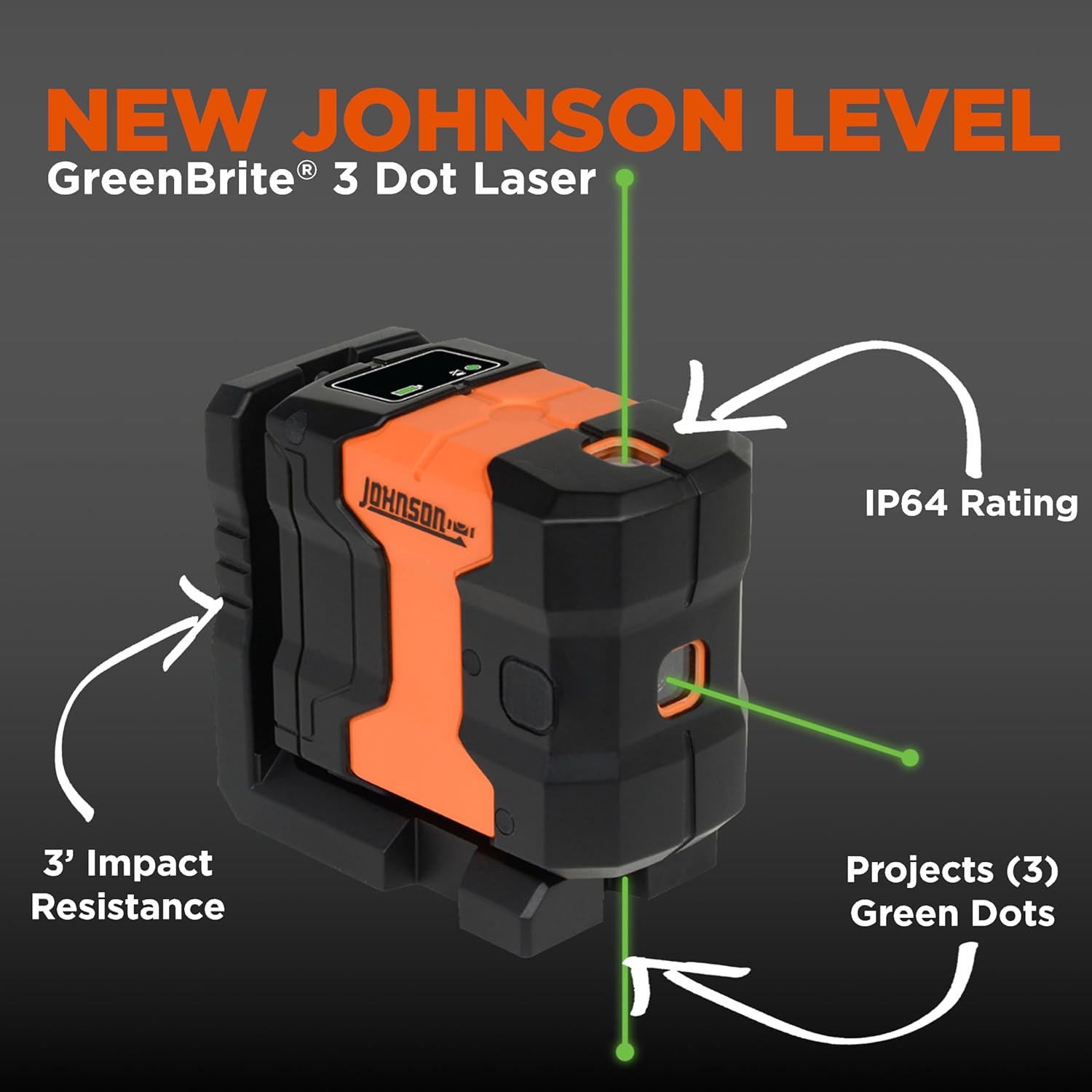 Johnson Level & Tool JDT300-GN3D Laser Level, Self-Leveling Kit 3 Dot Laser with GreenBrite® Technology, Magnetic Base, Hard-shell Carry Case, Floor Mount