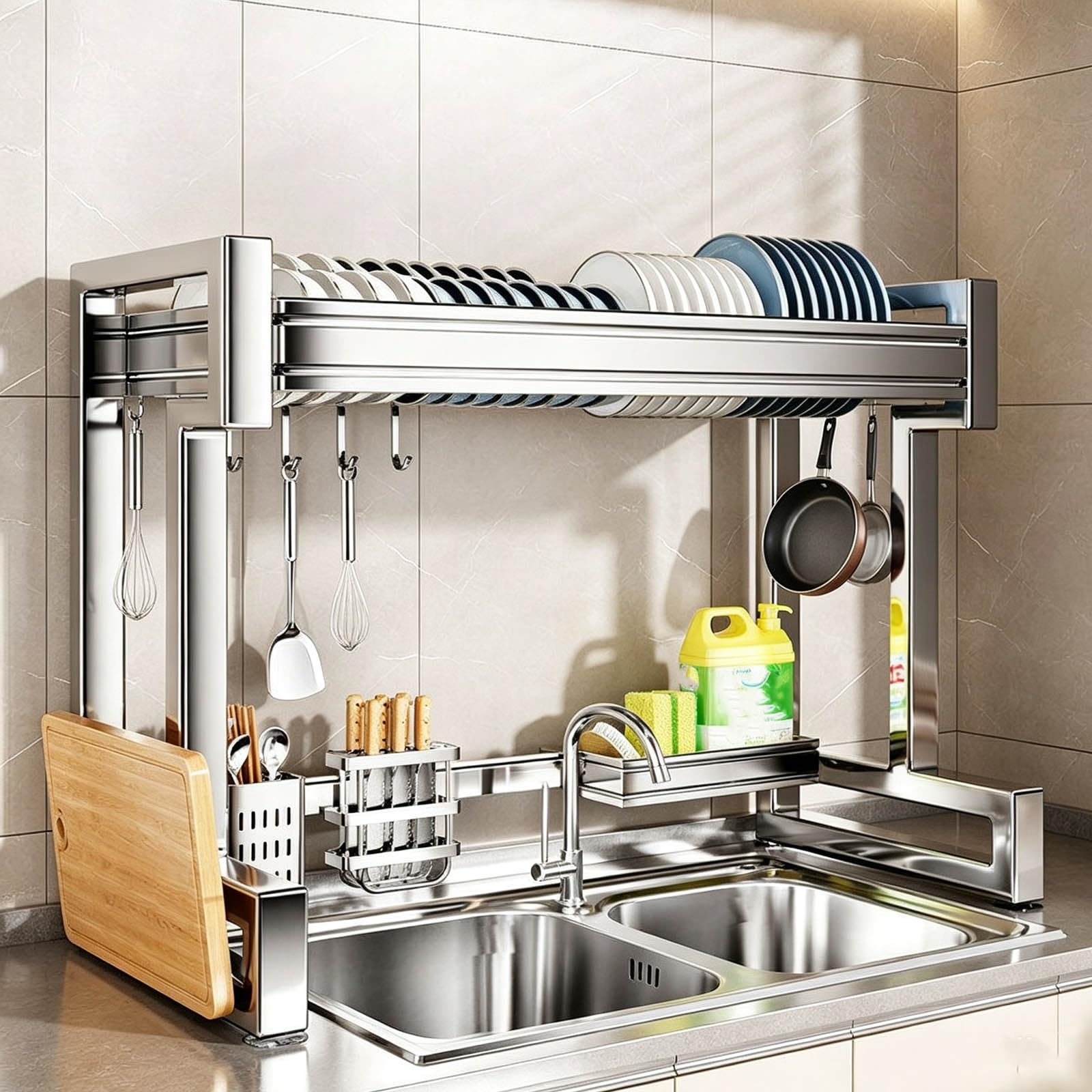 Escurridor de platos de cocina con porta cubiertos y ganchos laterales de 56cm