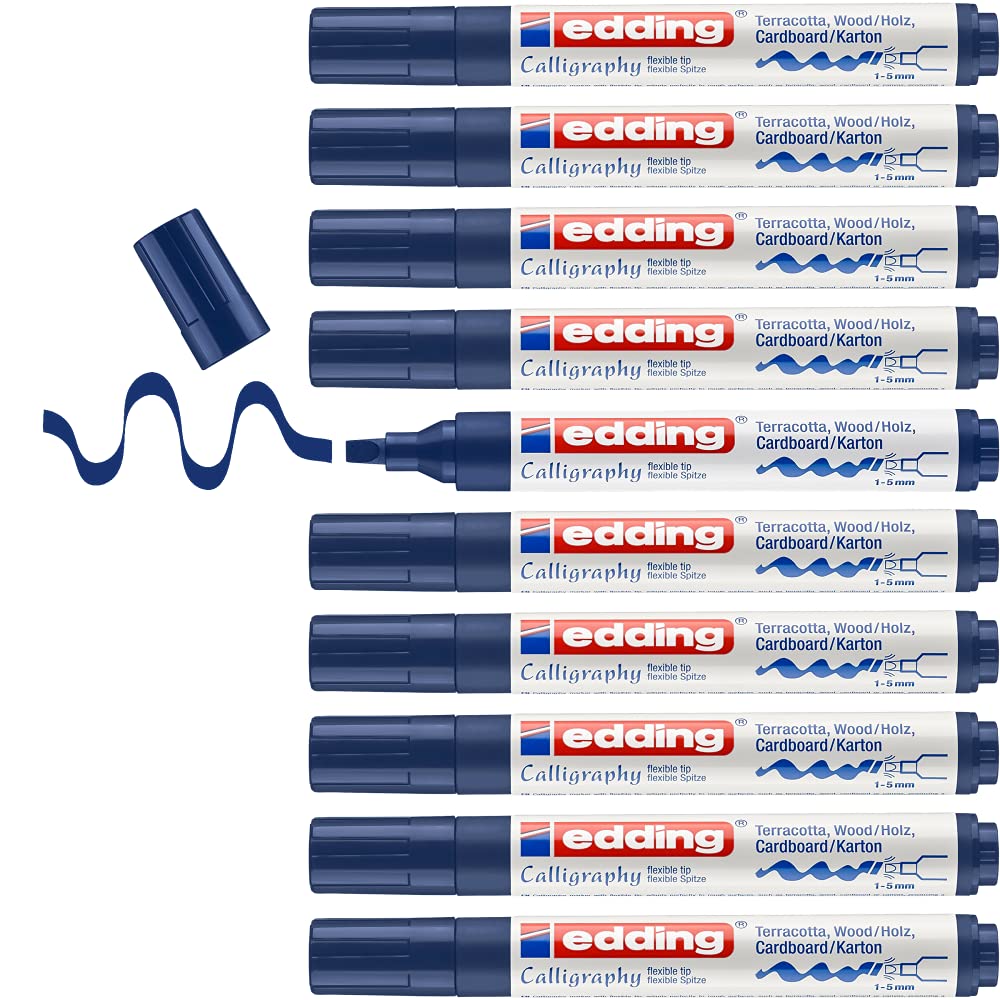 edding 1455 marqueur calligraphique - bleu acier - 10 stylos - plume calligraphique flexible 1-5 mm - stylo fibre pour papier, bois, terre cuite, toile - écriture à la main, carnets de notes