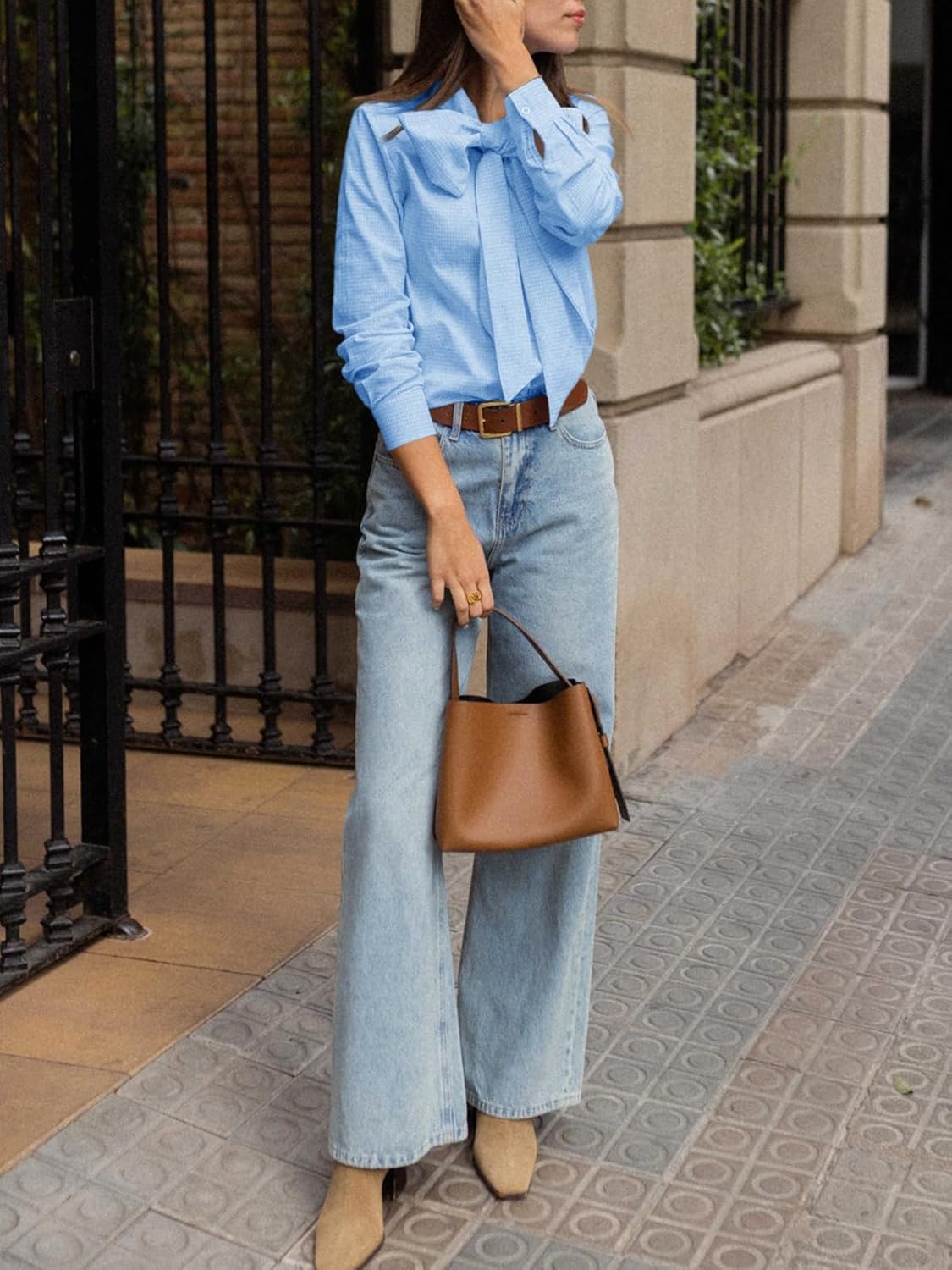 Cicy Bell Womens Plaid Shirts Bow Tied Neck Button Down Long Sleeve Casual Dressy Blouse Tops - Image 6