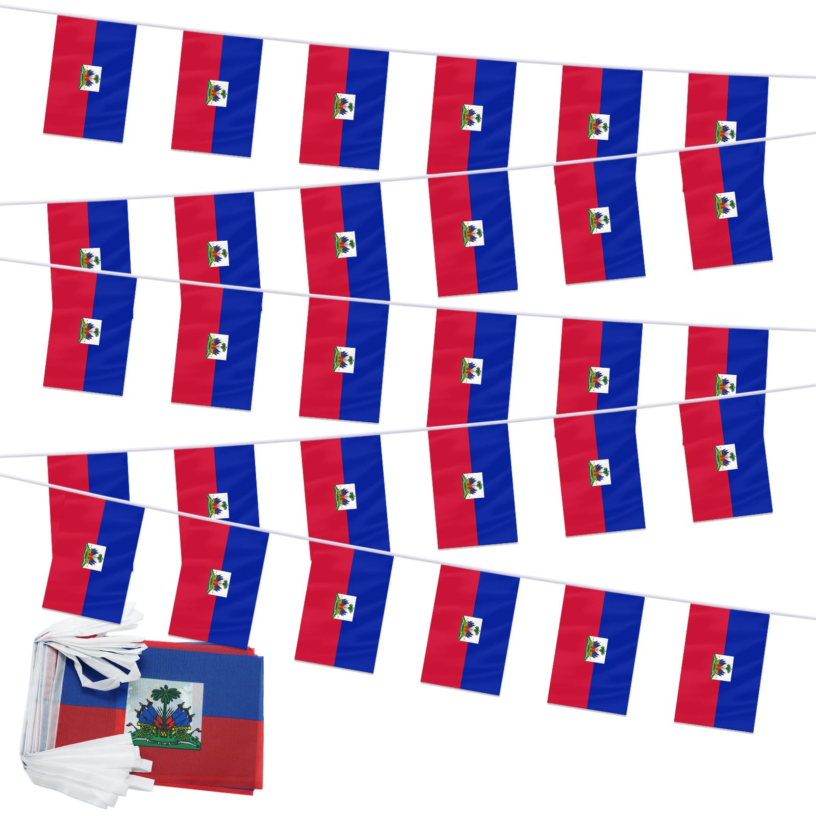 PTEROSAUR Haiti Flag Bunting Banner - 5.5x8.2 Inch, 30 Haitian Flags on 33 Feet String for Sports Events, Theme Parties, Bar, School & Home Décor