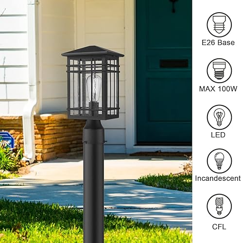 Miniatura 3 de Lámpara de poste para exteriores, farol de poste exterior con vidrio sembrado en acabado negro, luz de pilar ideal para patio, camino y entrada de
