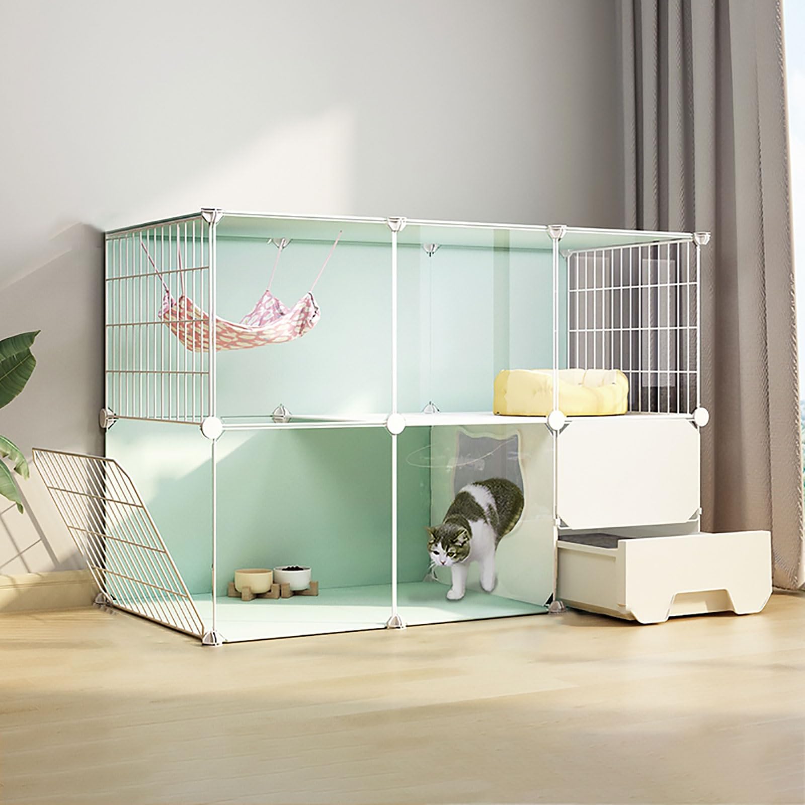Cage d'intérieur pour 1 à 3 chats avec bac à litière intégré et parc modulable
