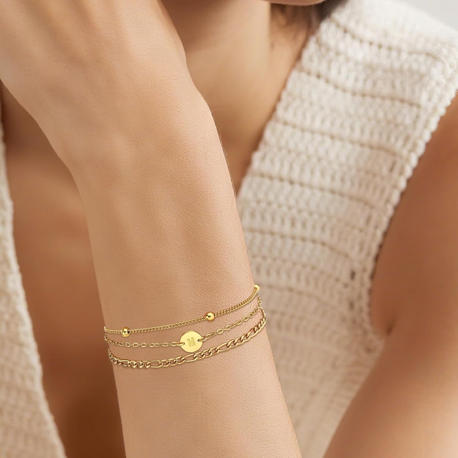 Valentines Day Gifts - 18K Gold Plated Initial Bracelets for Women - Stainless Steel Layered Letter Charm Bracelet A to Z - Gold Jewelry Christmas Birthday Gifts - Image 5