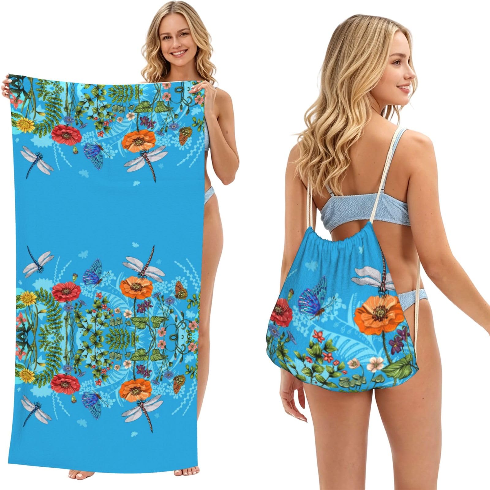 ESNAIUVCD Dragonfly And Flower Print Beach Towel For Adults,Towel With Drawstring Bag, Travel Pool Swimming Sports Shower Sand Free Quick Dry Bath Towel For Pool, Beach, Yoga- 180x60cm