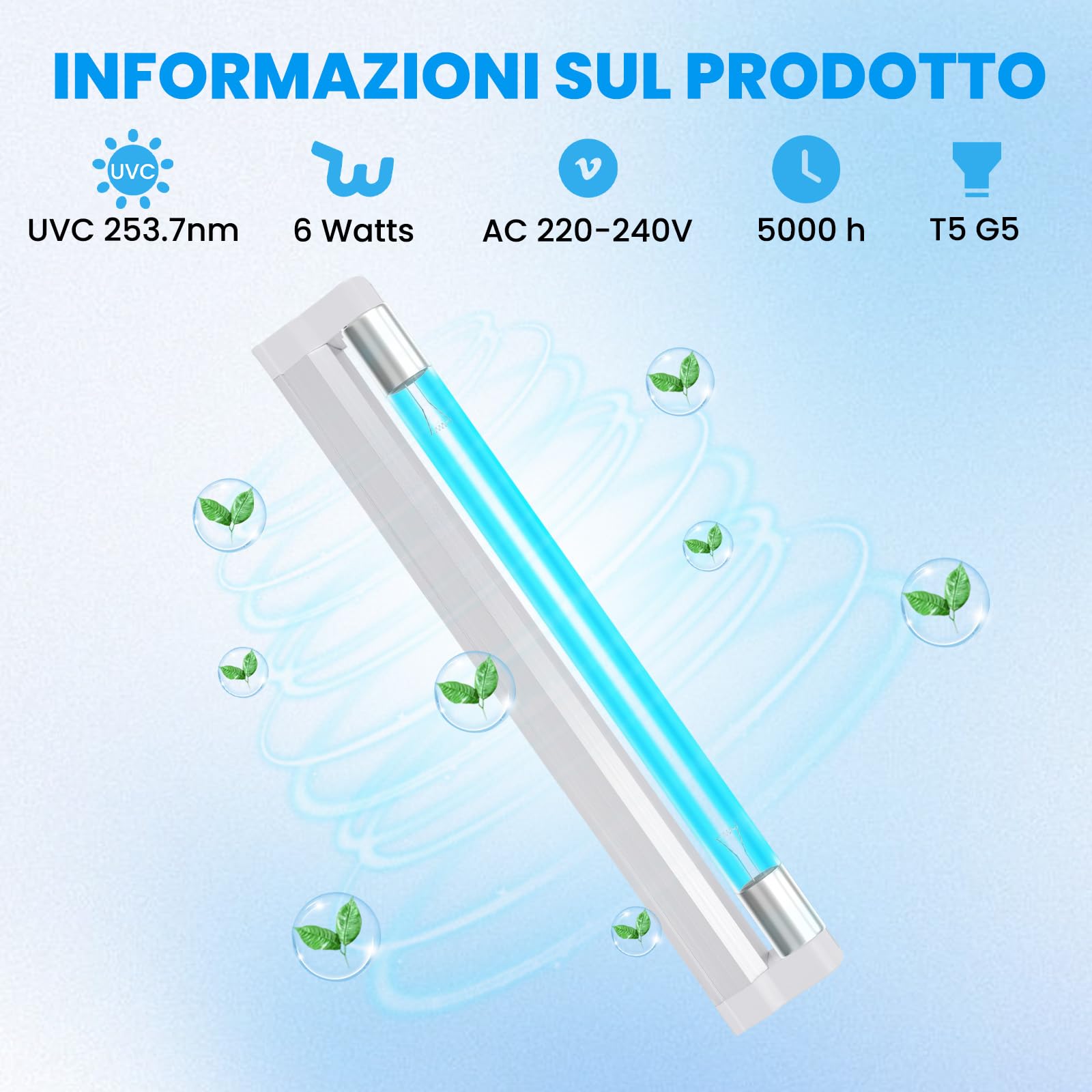 6W LED Lampada di Disinfezione Dell'ozono,G5 Lampada di Disinfezione UV,Lampada Germicida Con Luce Dell'ozono,Perfetta per la Scuola,Hotel,Ospedale,Laboratori,Ufficio,Mensa