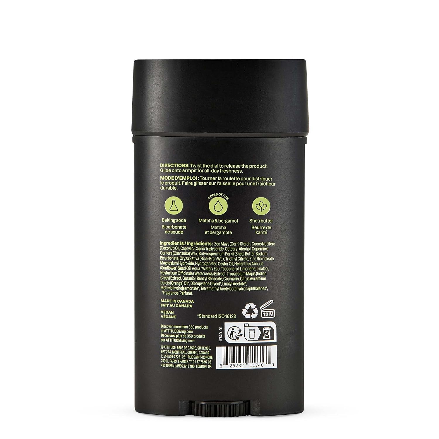 ATTITUDE 48 Hour Men's Deodorant, Aluminum Free, Matcha & Bergamot