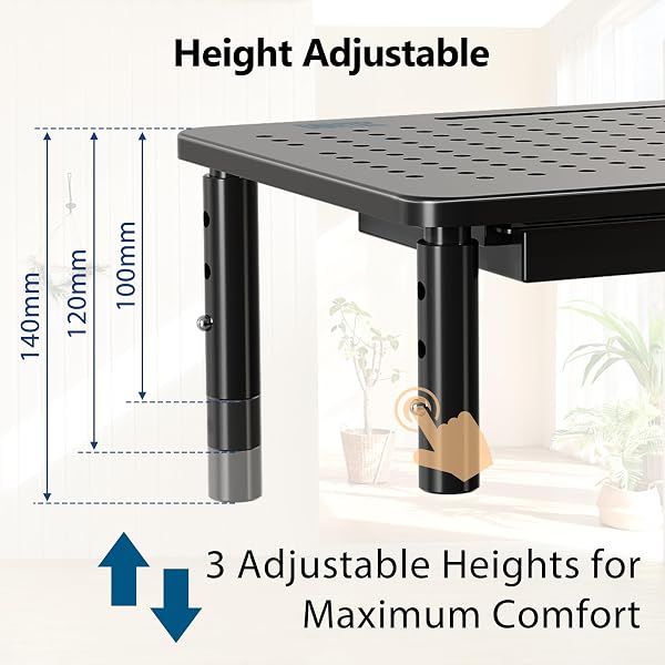 BONTEC Monitor Stand with Drawer, 3 Height Adjustable Monitor Riser for Desk, Mesh Platform for Laptop, Computer, iMac, Printer up to 20KG, Desk Organizer with Cable Ties Included - 4
