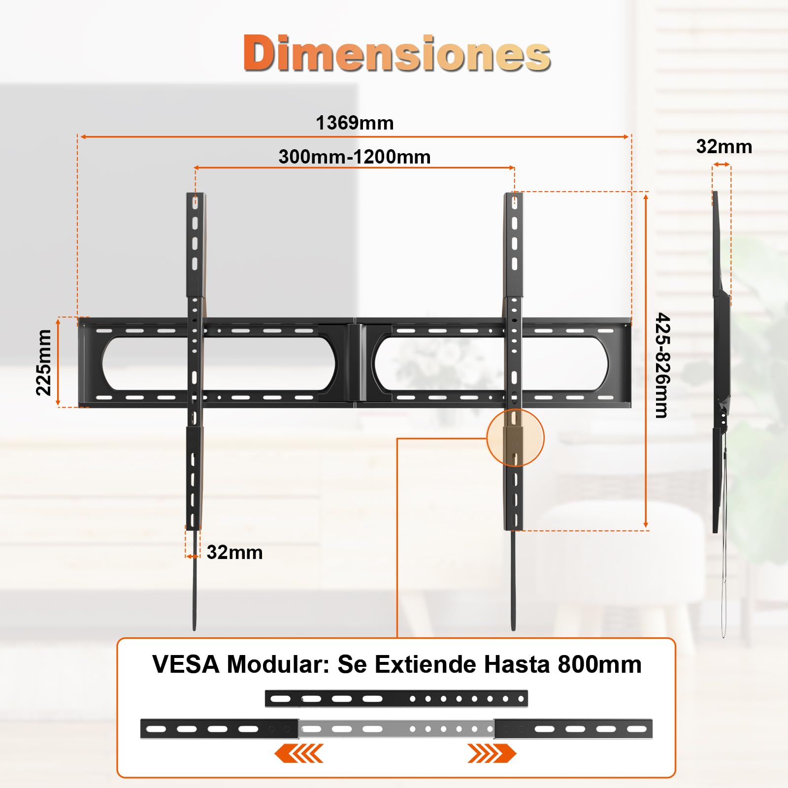 Soporte de Pared Universal para televisores de 37 a 140 Pulgadas, hasta 125 kg, máx. VESA 1200 x 800, Color Negro