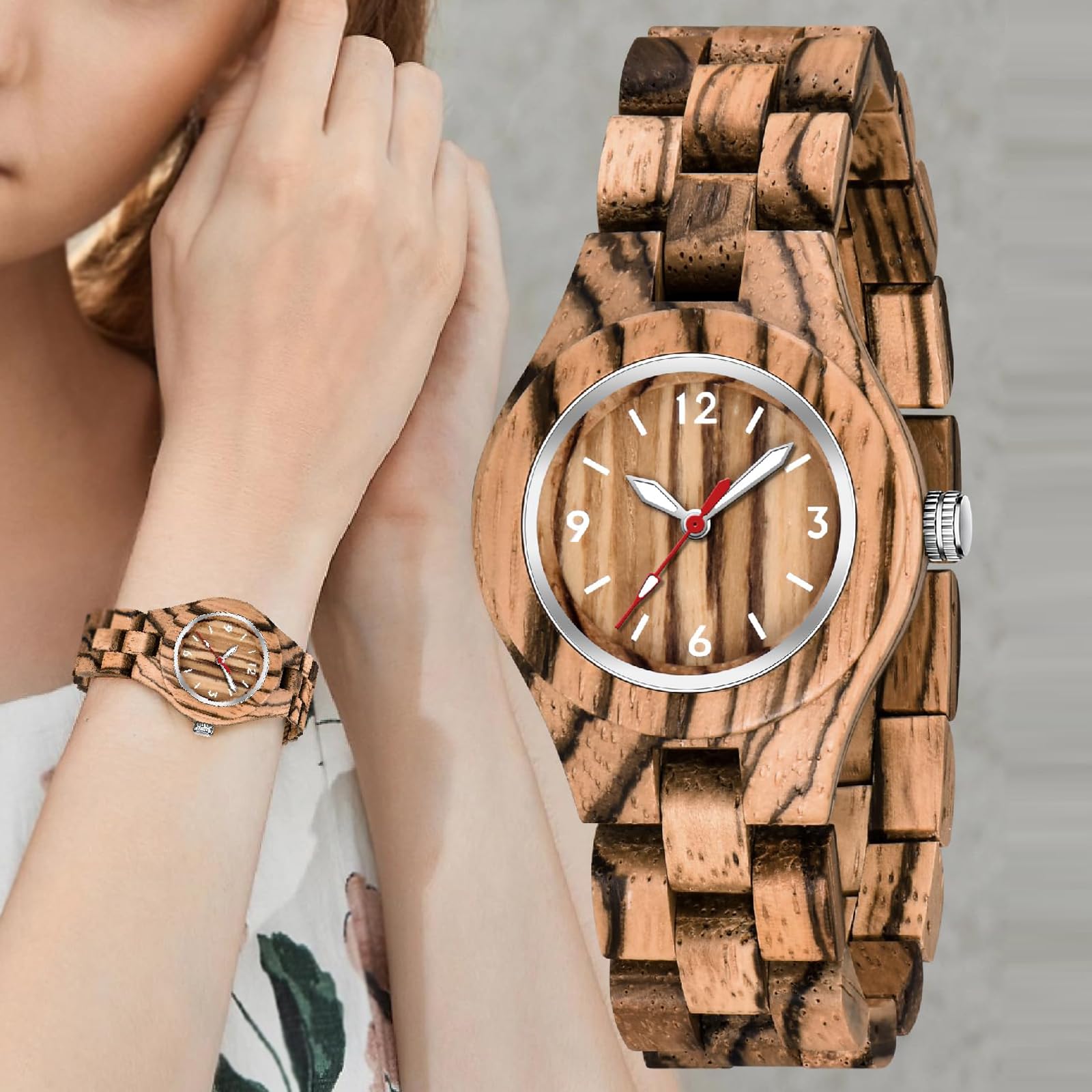 Tiong Orologio da donna in legno di bambù, colorato, analogico, al quarzo, regolabile, leggero