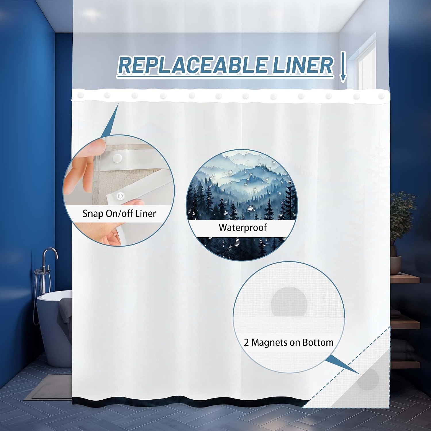 Forest Hookless Shower Curtain with Snap in Liner, Nature Mountain No Hook Double Layer Shower Curtain and Liner Set, Ringless with Window Waterproof Cloth Fabric, 71" W x 74" L, Blue