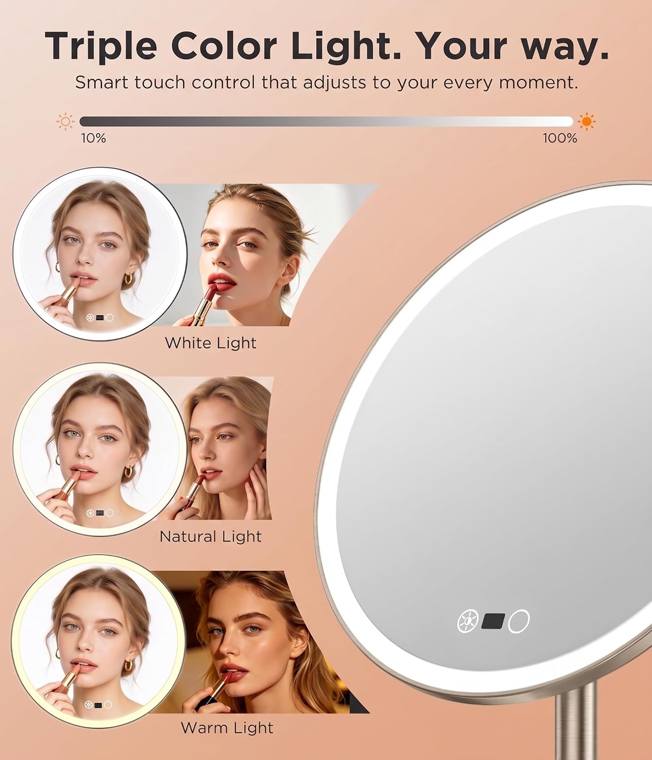 FRANO Rechargeable 10.5" LED Makeup Mirror with Lights, CRI≥98 True-Sunlight, 3 Color Modes & Stepless Dimming, 10X Magnifying Spot Mirror, 5000mAh Cordless Vanity Mirror, Auto-Off, Gift for Women