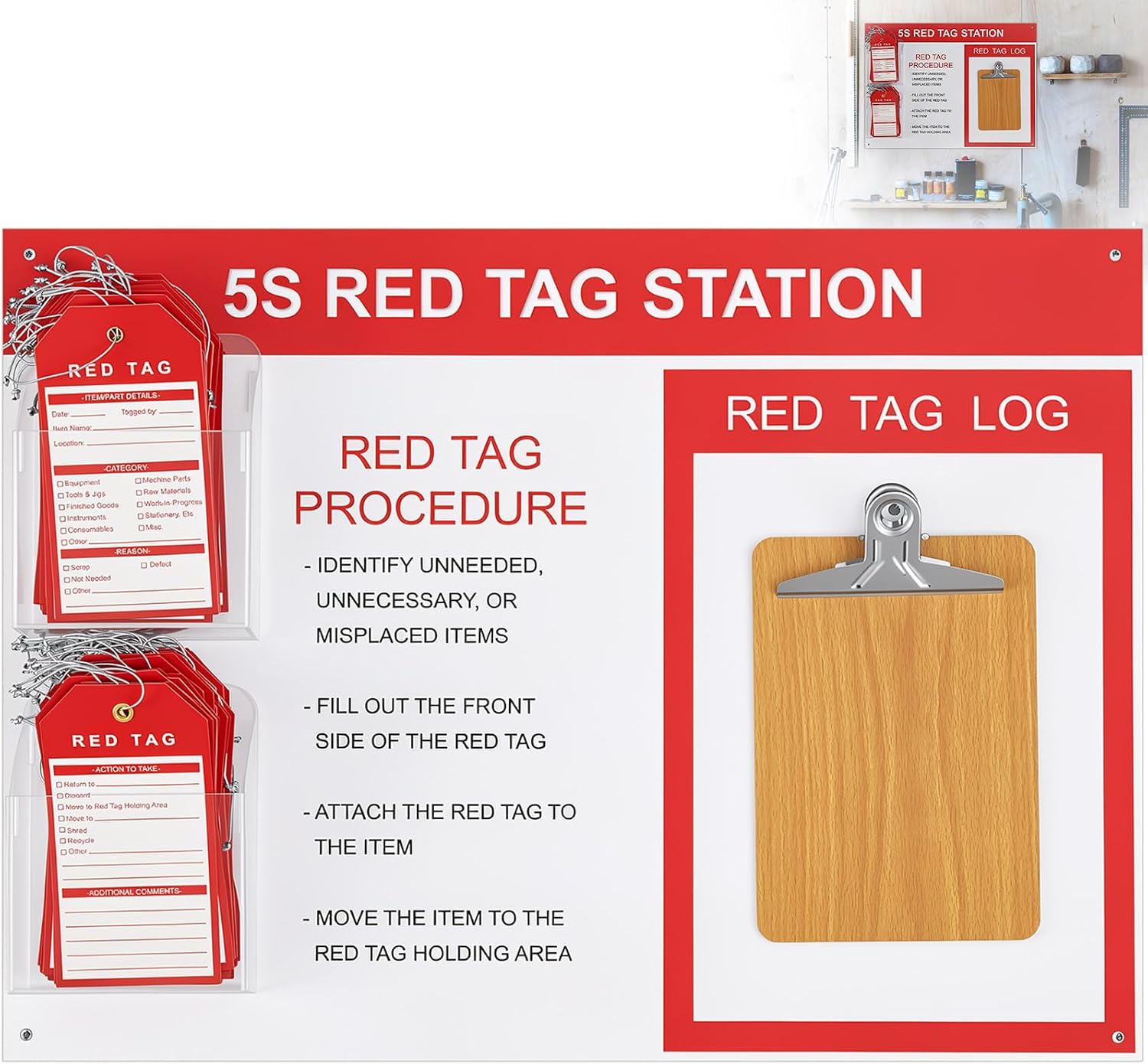 5S Red Tag Station, Magnetic Wall Mount Clipboard with 100 Preprinted Tags, Industrial Workshop Visual Control and Organization Board, 17x23 Inches
