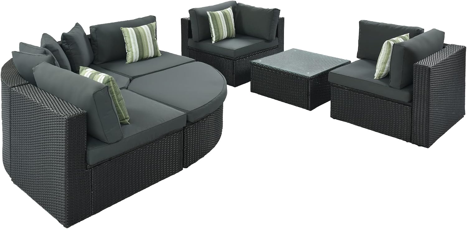 7 Piece Patio Half Moon Sofa Set with Colorful Pillows and Coffee Table, Outdoor Rattan Sectional Sofa Set for Garden, All-Weather Rattan Sectional Sofa Set, Gray Cushion