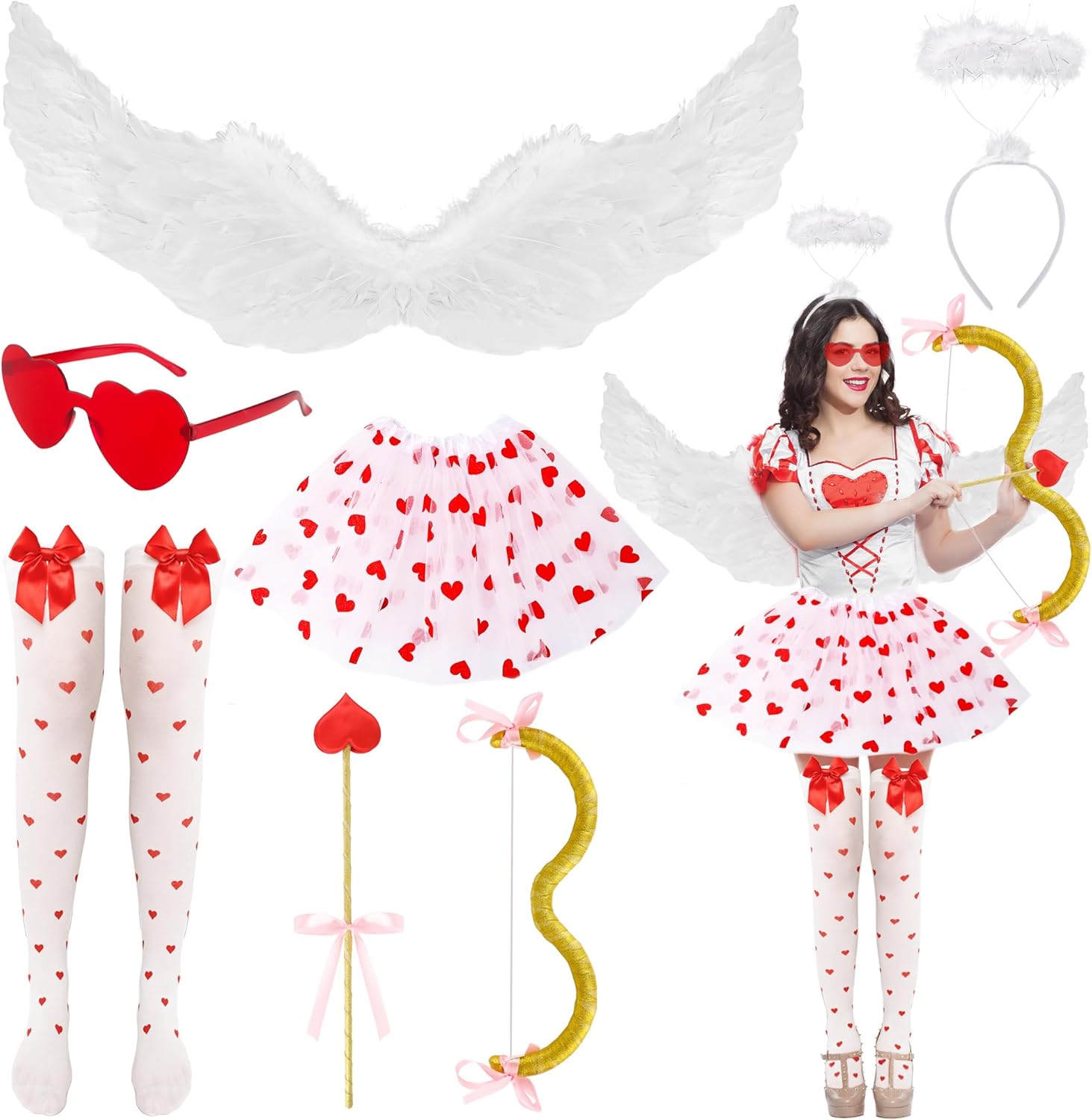 7 Pcs Cupid Costume Set Cupid Bow and Arrow Wings Heart Shaped Hair Band Socks Skirt Costume Accessories Set for Women Adult Valentine Cosplay