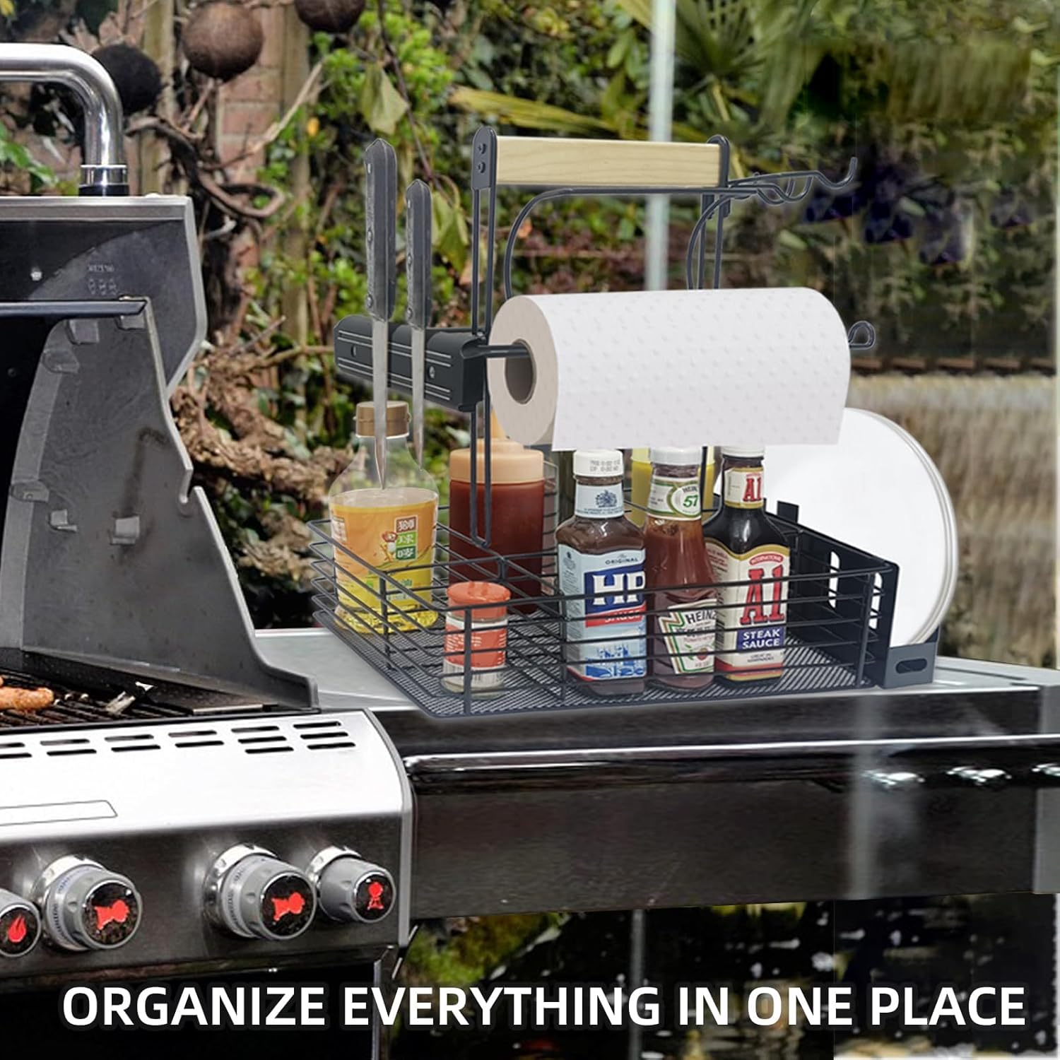 Grill Caddy,BBQ Condiment Organizer for Outdoor, Camping Tailgating Picnic Kitchen Storage Caddy Kitchen Organizer for Camper Magnetic Tool Holder with Paper Towel Holder with Handle Portable