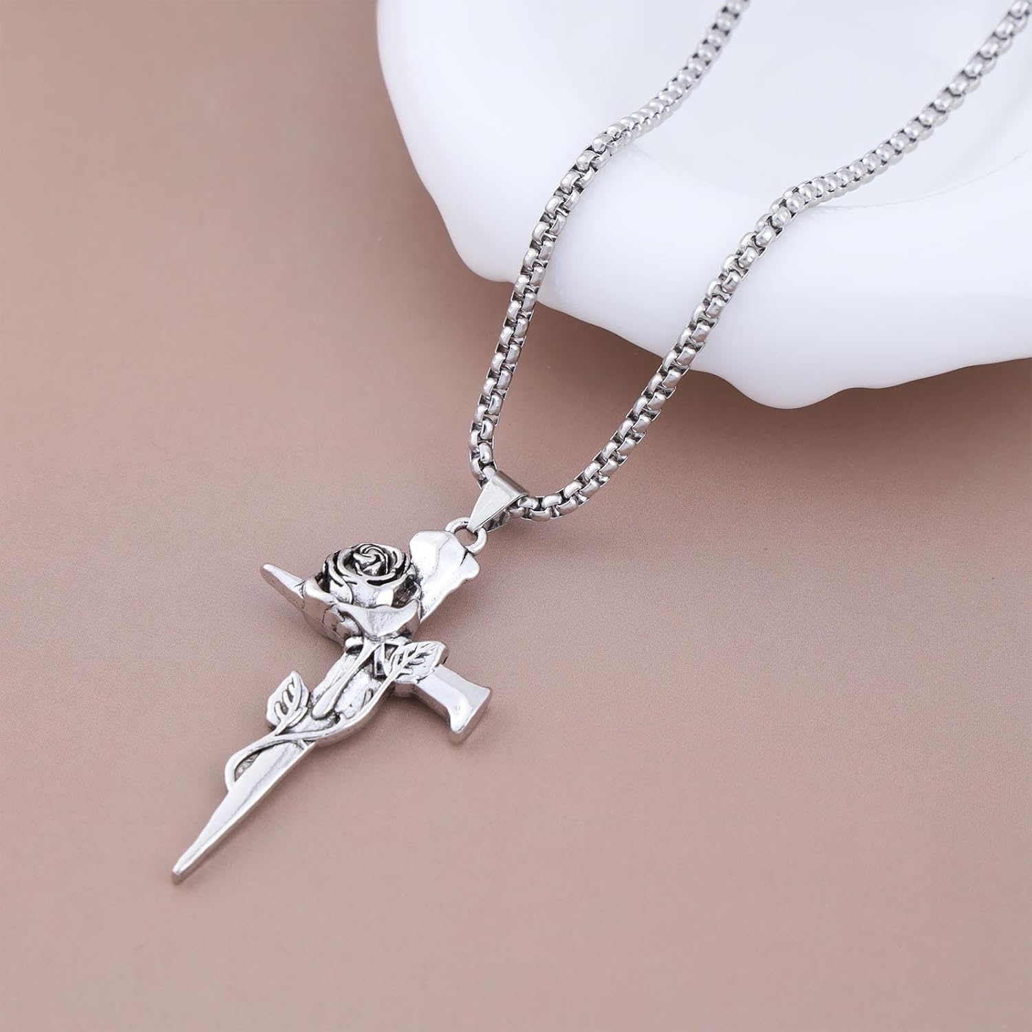 Gothic Flower Cross Pendent Necklace Religious Cross Choker Necklace Silver Italian Chain Necklace Exaggerated Cross Necklace Jewelry for Women - Image 4
