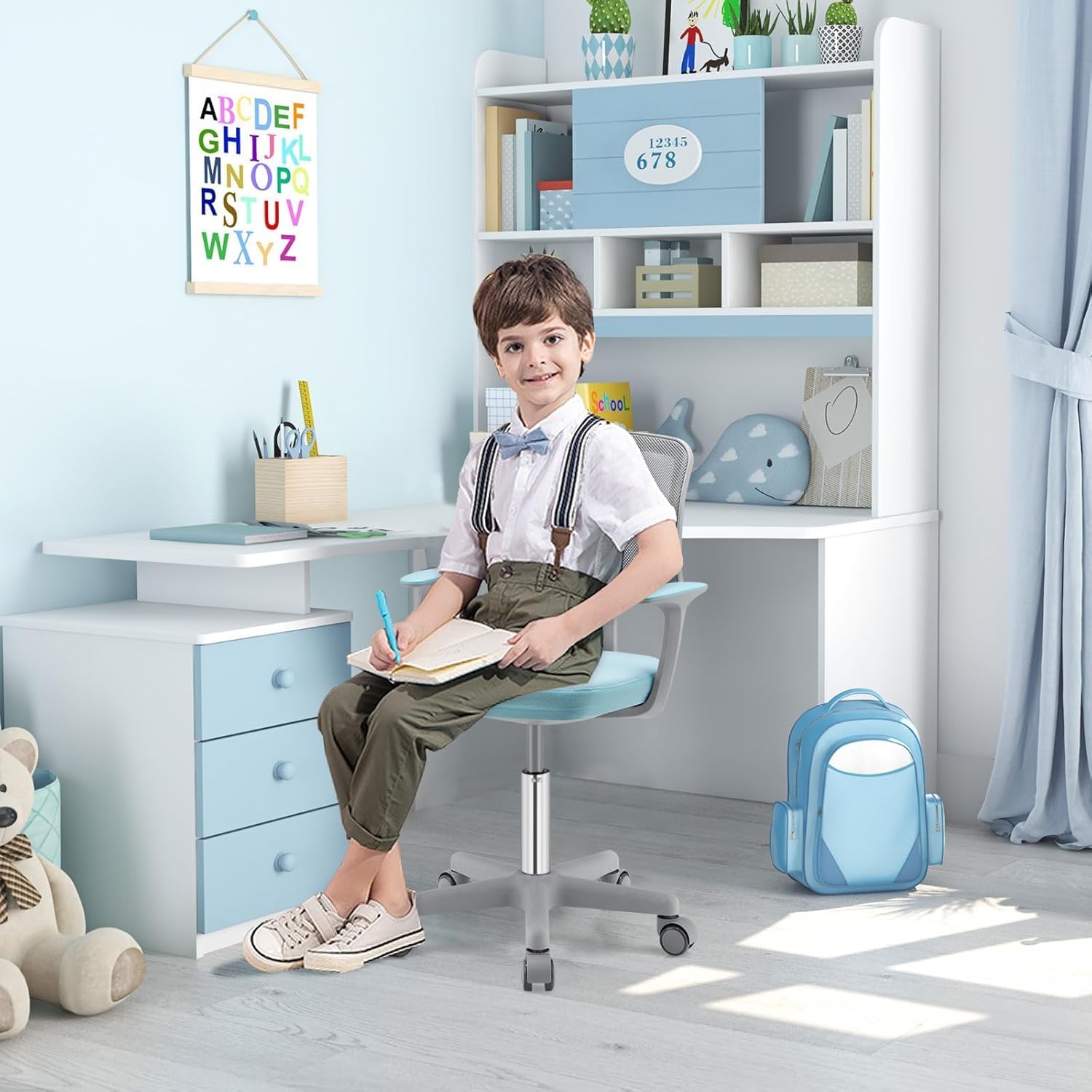 HOMGX Kids Desk Chair, Sturdy Computer Office Chair, Ergonomic Kids Desk Chair w/ 5 Universal Casters & Y-Shaped Lumbar Support, Height Adjustable Desk Chair for Boys Girls Aged 3-10 (Blue)
