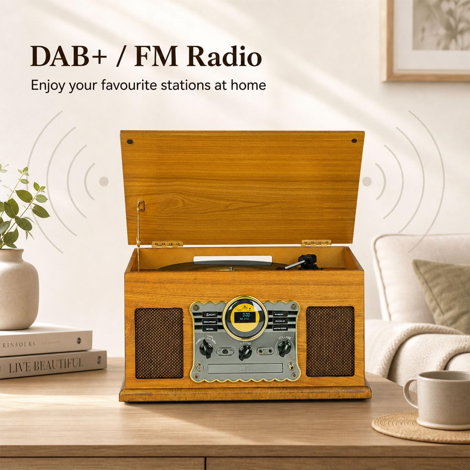 Giradischi 9-in-1 Vinile Turntable con Bluetooth,FM/DAB Costruito Dentro Altoparlanti Stereo, Costruito dentro Altoparlanti Stereo,CD, MP3,CASSETTE,USB