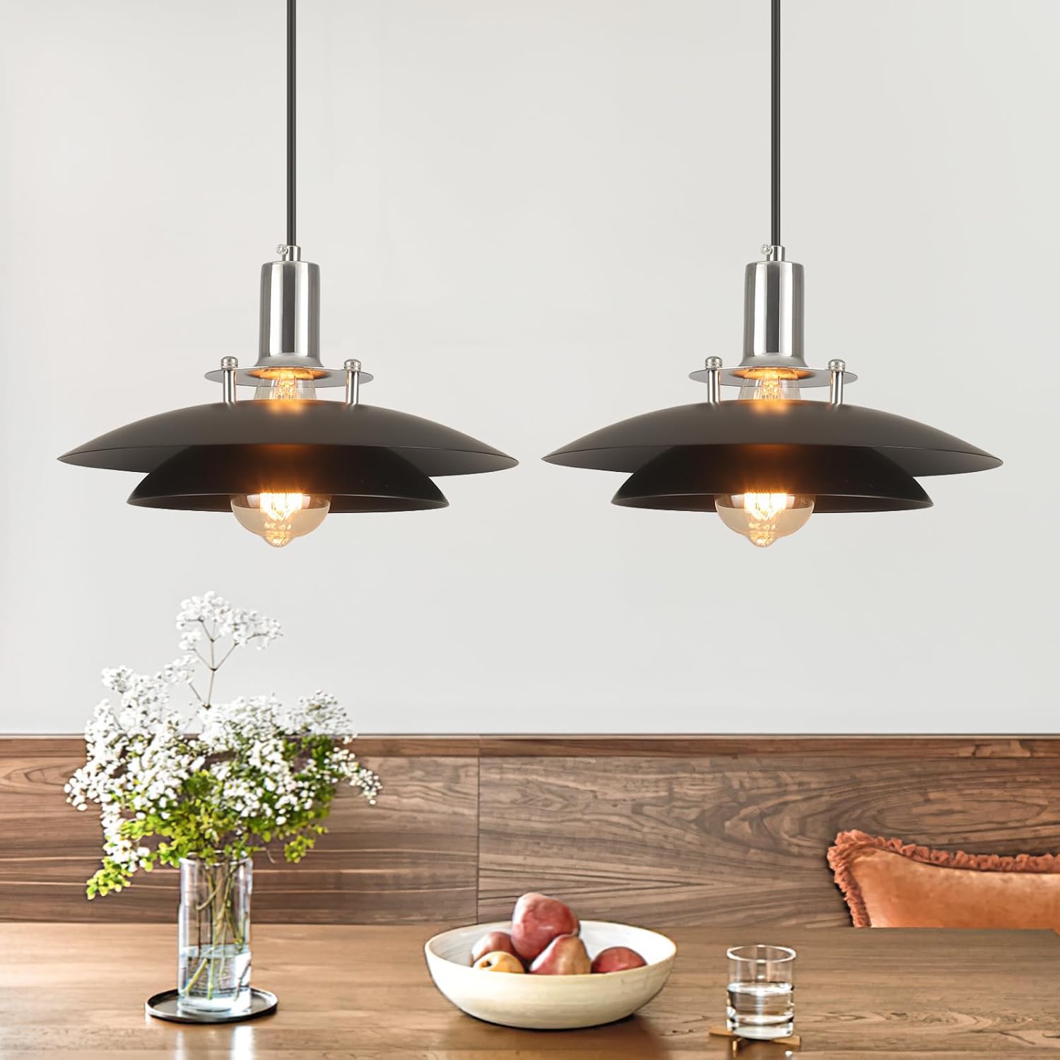 Black Pendant Lights Kitchen Island 2 Pack, 11.8 inch Farmhouse Kitchen Pendant Lighting with Double-Tier Shade, Modern Dining Room Light Fixtures, Mid Century Pendant Light