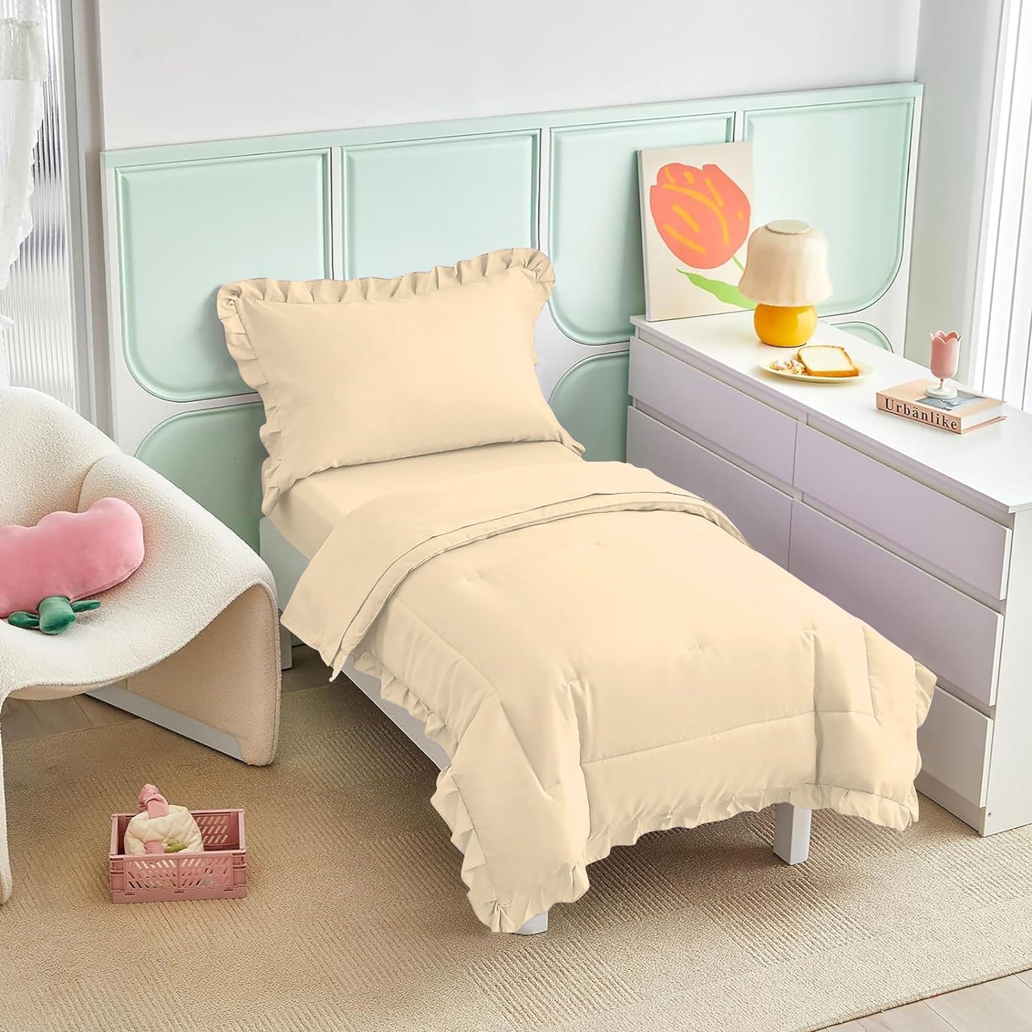 Epic Cotton 4 Pieces Toddler Bedding Set with Ruffle Fringe, Solid Color Toddler Bed Set for Baby Boys and Girls - 1 Toddler Comforter + 1 Fitted Sheet +1 Flat Sheet +1 Pillowcase (Ivory)