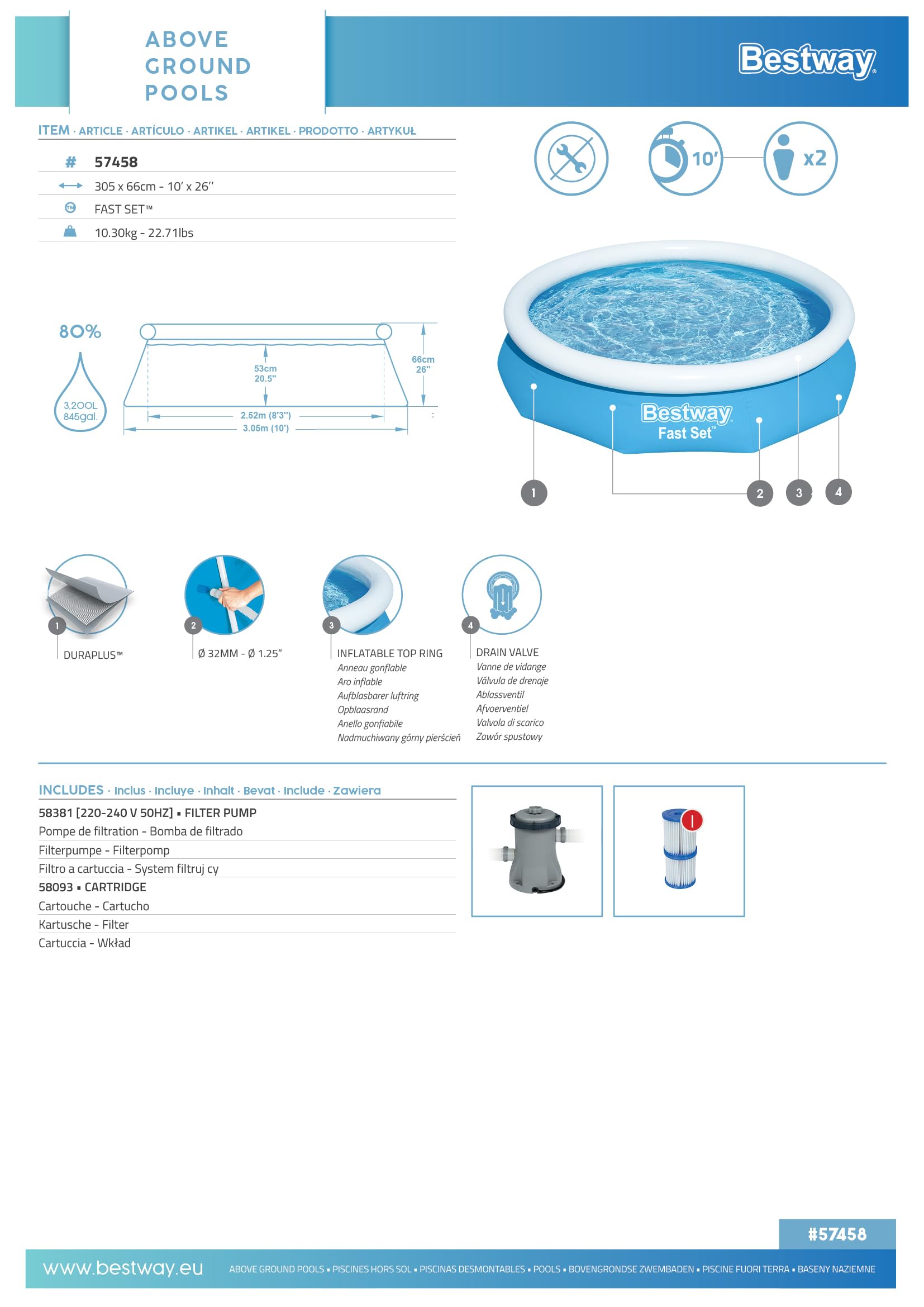 Bestway 57458 Set Piscina Gonfiabile Fast Set Rotonda da 305x66 cm