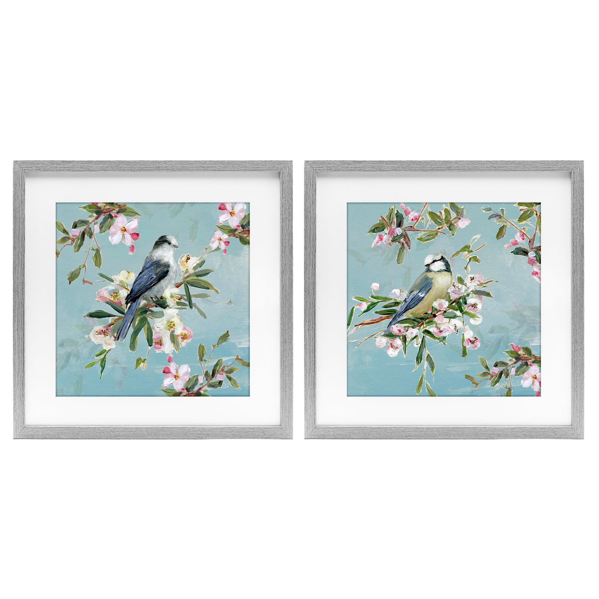Stupell Industries 'Songbirds Among Spring Blossoms', 2pc Framed Print Under Glass Set, Gray, 13 x 13 Inches, Easy to Hang and Sturdy, Made in USA, by Sally Swatland