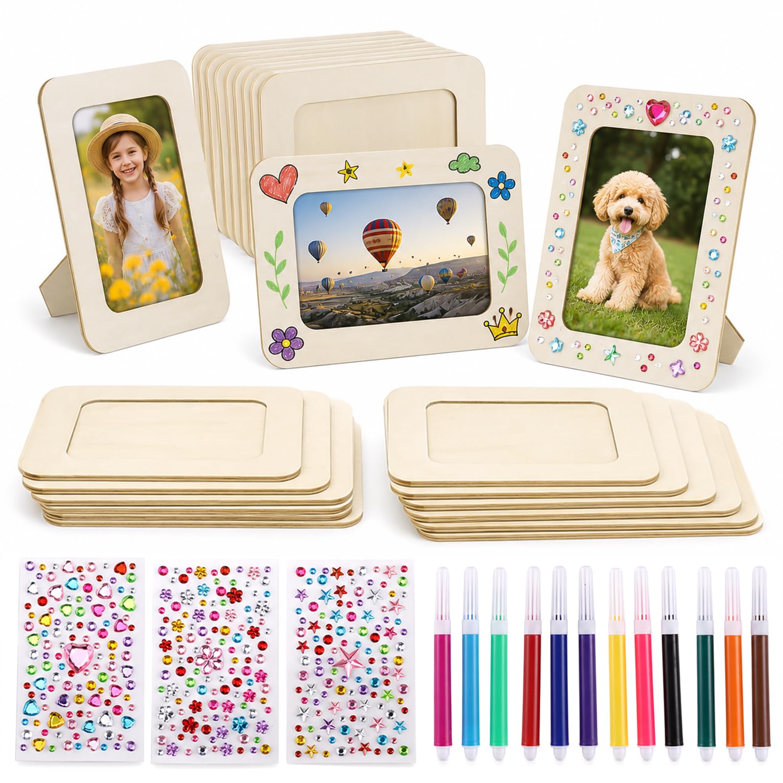 20Pcs Wooden Picture Frames,7.4 x 5.5 Inch Unfinished DIY Wood Picture Frames Bulk, Craft Frames with 12 Coloring Pens & Gem Stickers, Standing Photo Frame Kit for Crafts, Party, Wedding & Activities
